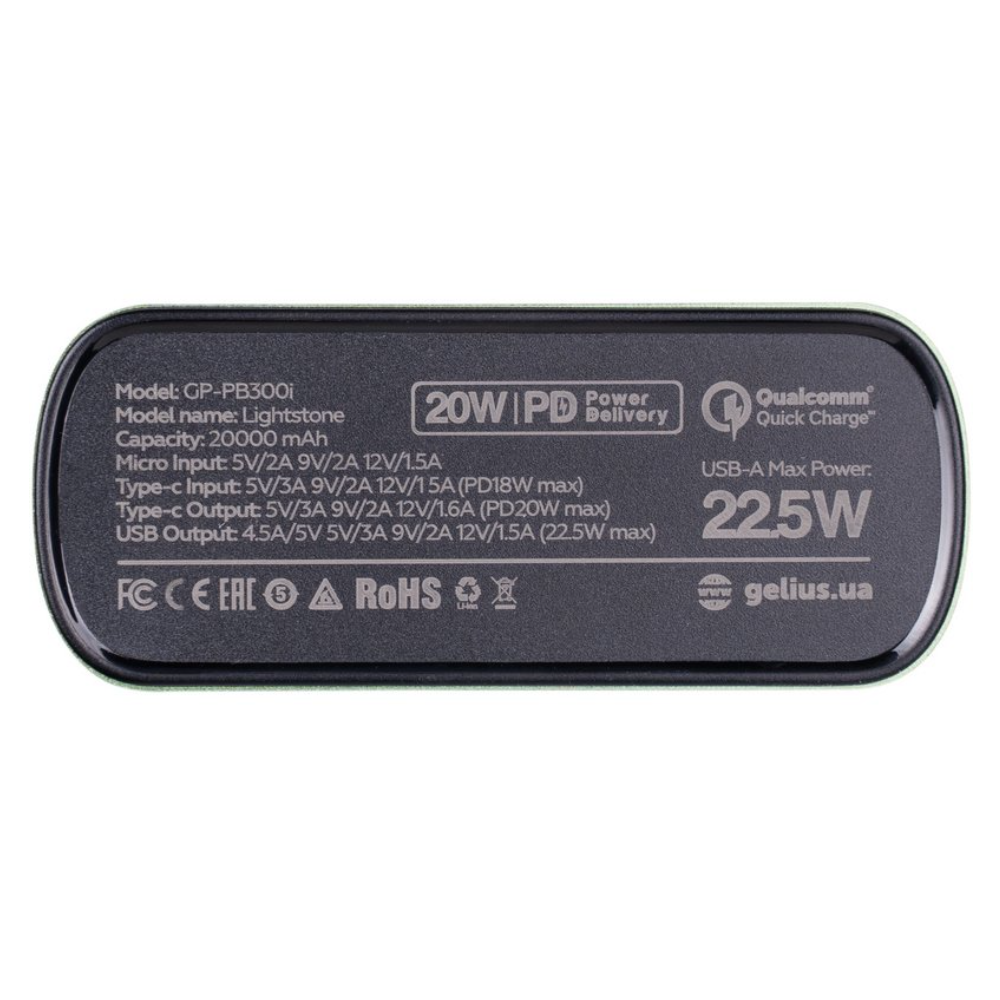 Повербанк з логотипом Gelius Lightstone 20000mAh QC+PD 22.5W Green Повербанк з логотипом Gelius Lightstone 20000mAh QC+PD 22.5W Green Фото 5
